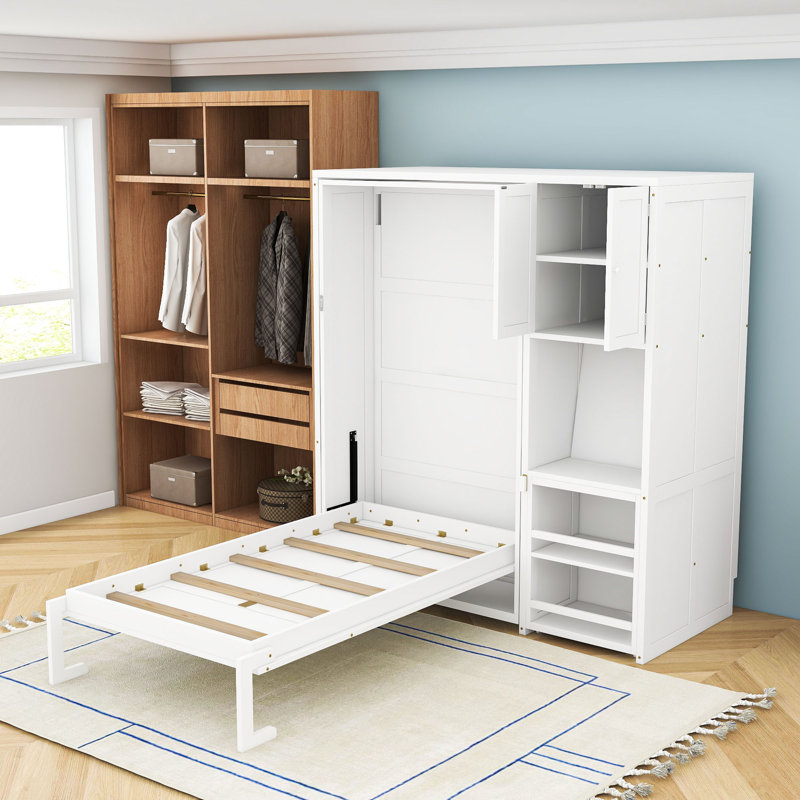 Lit escamotable simple en bois avec bureau et étagères, Blanc