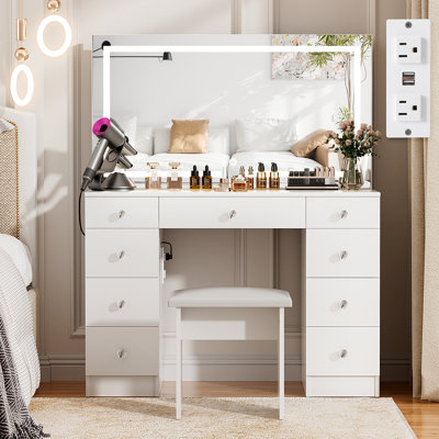 Greyden Vanity Set With LED Mirror & Power Outlets, 9 Drawers with Diamond Handles