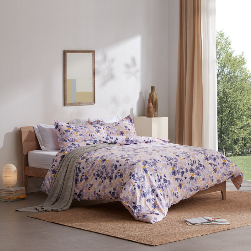 Twill Floral Duvet Cover, Full/Queen Duvet Cover + 2 Shams, Watercolor Floral Purple