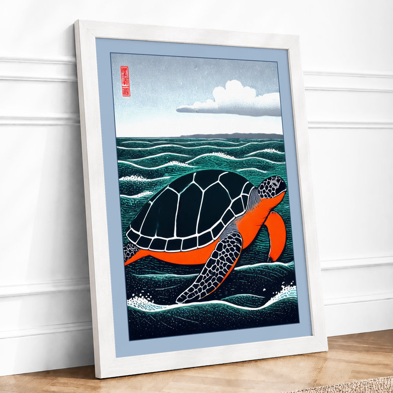 Turtle Swimming Through Waves Japandi - Print, A1 - 84.1 x 59.4 cm, White