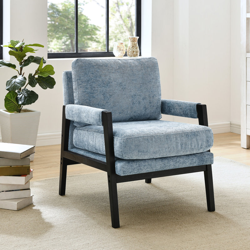Chaise rembourrée en chenille bleue Mid-Century moderne - rembourrage généreux, fabrication en bois, dossier amovible pour une utilisation polyvalente
