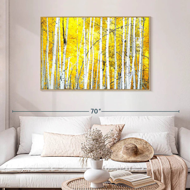 Golden Birch Trees, Floating Frame Natural Wood, 46" X 31"