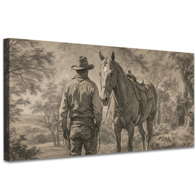 Vintage Western Cowboy Wall Art, Pencil Sketch Sepia Southwestern Landscape Canvas Wall Decor for Living Room Bedroom, Rustic Cowboy and Horse Gallery Wrapped Artwork, 12x24 Inches
