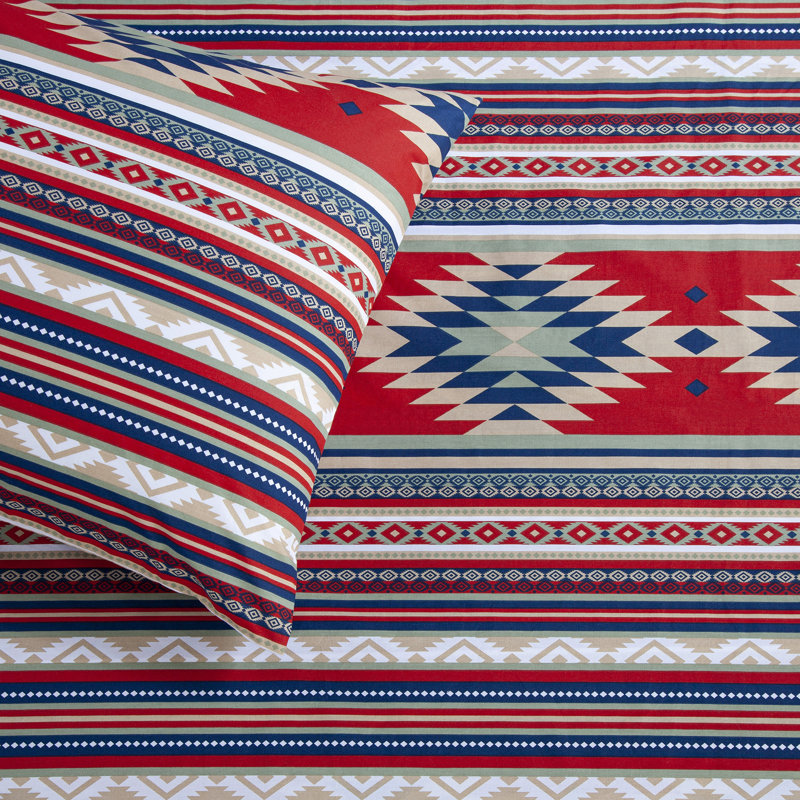 Ensemble de literie 100% coton, ensemble de literie Western Rustic Cabin Lodge Southwestern, Rayé bleu / rouge