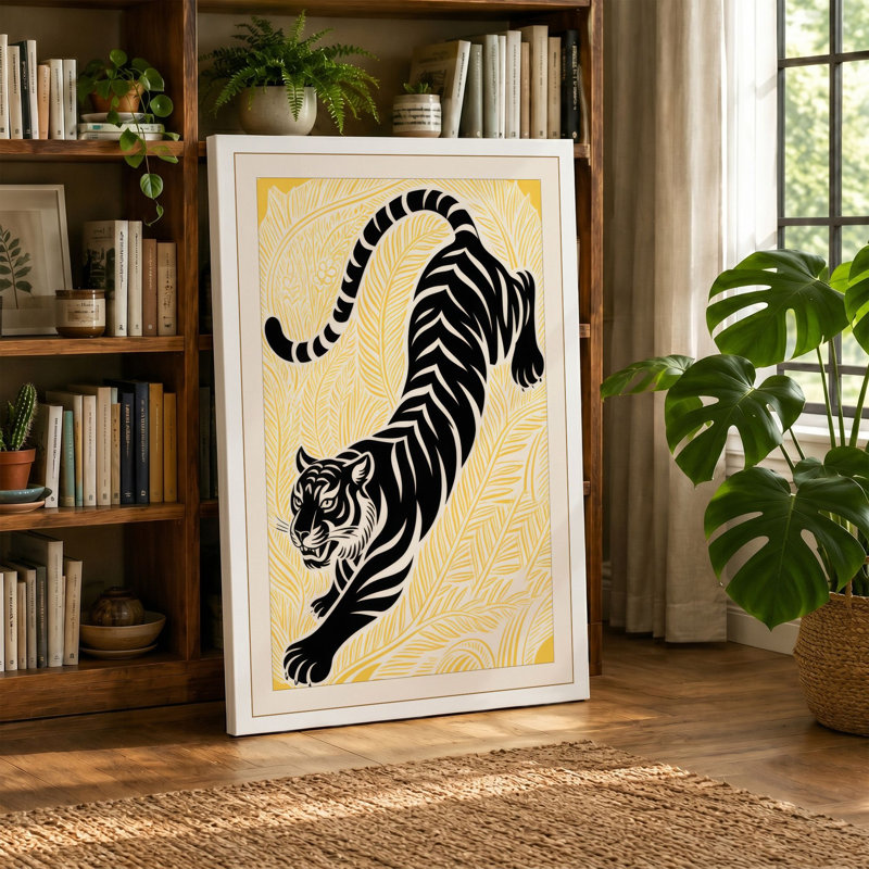 Stretching Tiger Japandi - Wrapped Canvas, 18x12 - 45.7 x 30.5 cm, Terracotta Border