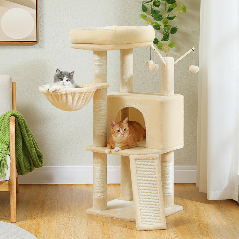 Tour pour chat à plusieurs niveaux avec appartement spacieux, hamac confortable, aire de repos rembourrée et griffoir, Beige