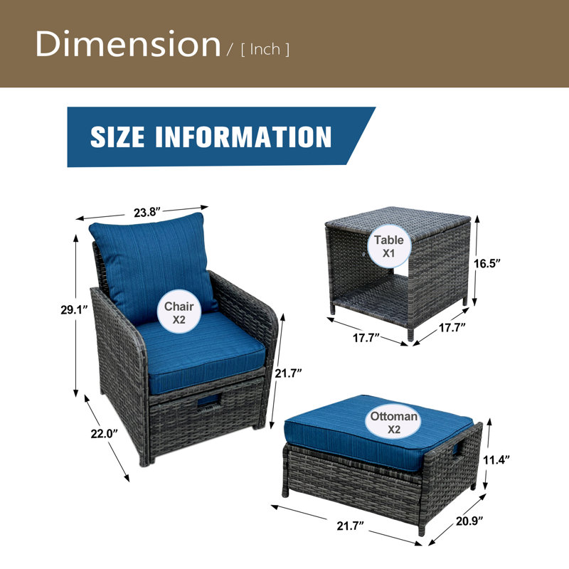 Ensemble de meubles de patio 5 pièces en osier avec repose-pieds pour conversation, Bleu