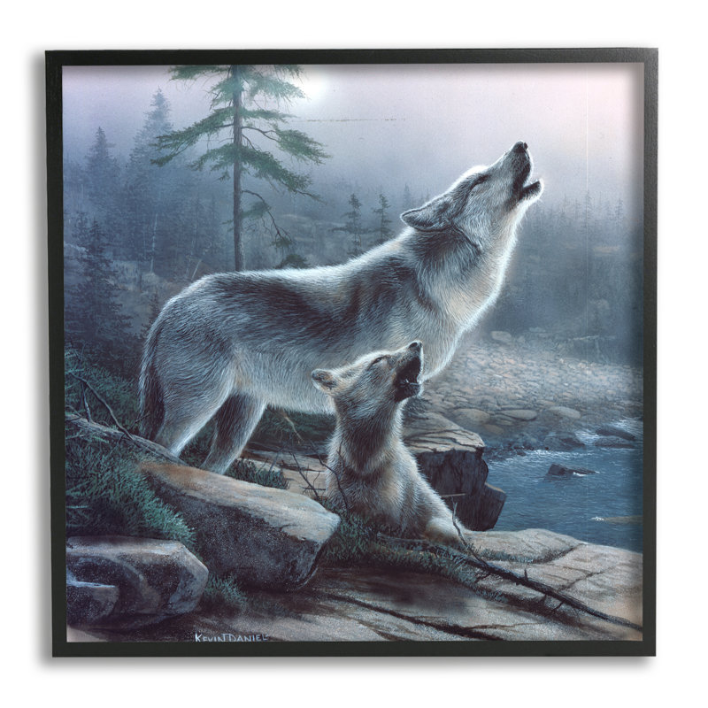 «Howling Wolf and Pup Landscape» par Kevin Daniel - Peinture, Giclée encadrée noir minuit, H 12 po x l 12 po x P 1,5 po