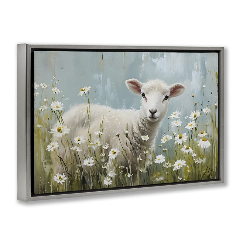 «Lamb parmi les marguerites» par Petal Prints Design, Cadre flottant gris lustré, H 17 po x l 25 po