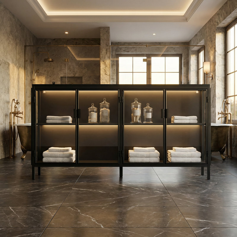 Bathroom Storage Cabinet With Four Glass Door And Light, Matte Black