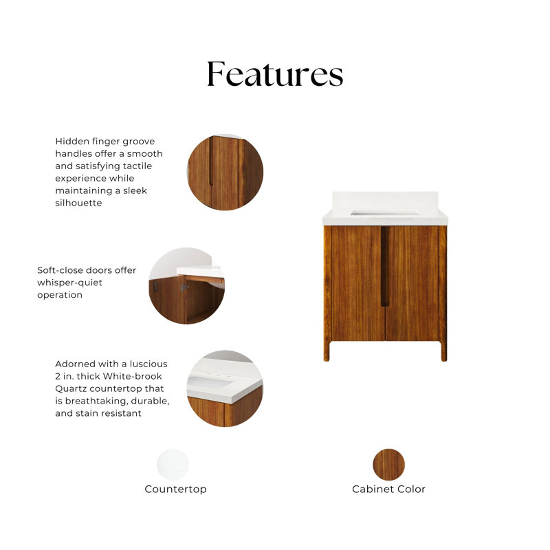 Sequoia 30 In. Single Sink Whitebrook Quartz Countertop Bath Vanity With Faucet, Chrome, Mango Wood
