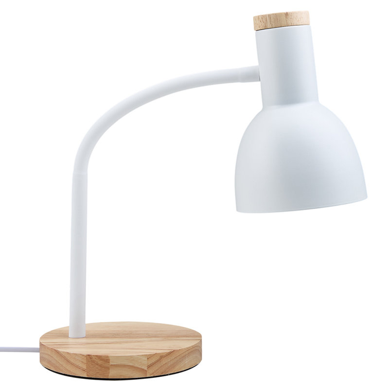 White Table Lamp with Flexible Arm and Wooden Base