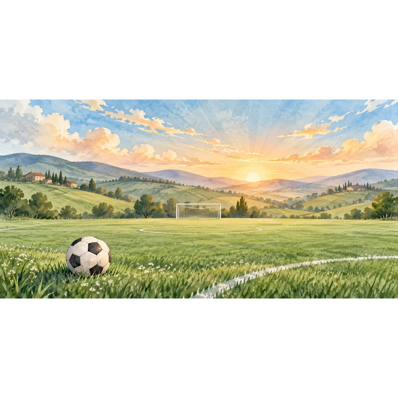 Sunrise Pitch Wallpaper Mural, Peel and Stick Kids Room Wall Mural, Watercolor Soccer Nursery Wallpaper, 406 x 254 cm