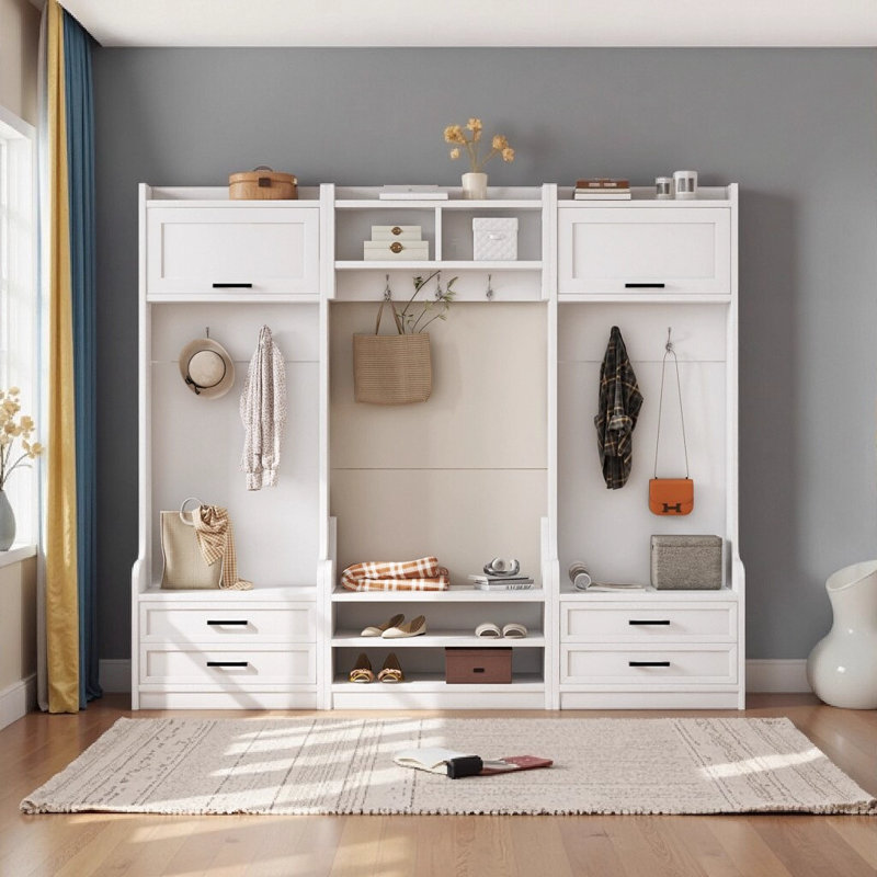 4-in-1 Detachable Hall Tree With Coat Rack And 7 Hooks, 4 Drawers, Cabinets And Shoe Bench, White
