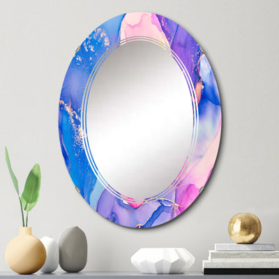 Art abstrait liquide bleu et rose - miroir mural moderne ovale