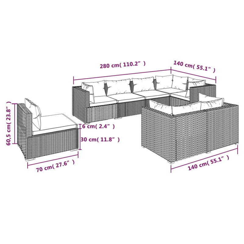 8 Piece Lounge Sofa Seating Group, Cinnamon Red, Brown
