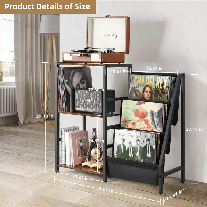 Support pour tourne-disque avec rangement pour disques vinyles à 3 niveaux