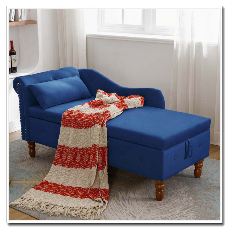Chaise longue en velours avec rangement, coussin et garniture cloutée, Marine