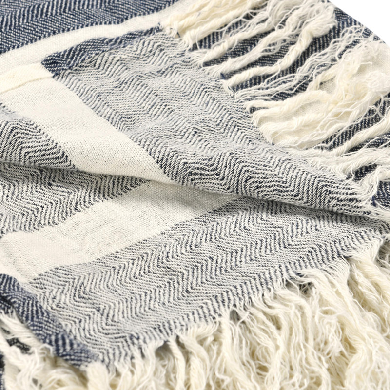 Crawford Hand Woven Throw Blanket, Blue Linen Striped