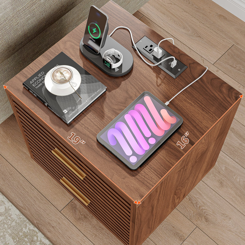 Nightstands set of 2, Night stands with Charging Station, Mid Century Night Stands with Drawers, Wooden Bedside Table Modern End Table for Bedroom Living Room Sofa Office(Brown, set of 2)