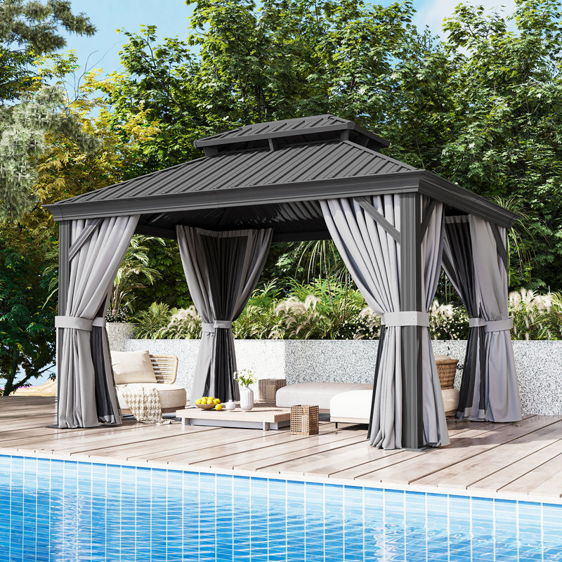 Pavillon de jardin extérieur à toit rigide 12 'x 10' avec double toit, rideaux et filet, 12' x 10'