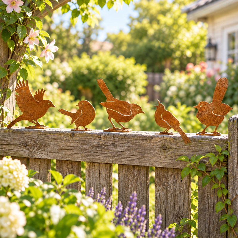 Ensemble de 5 décorations de jardin en métal rouillé avec des oiseaux, pour clôtures