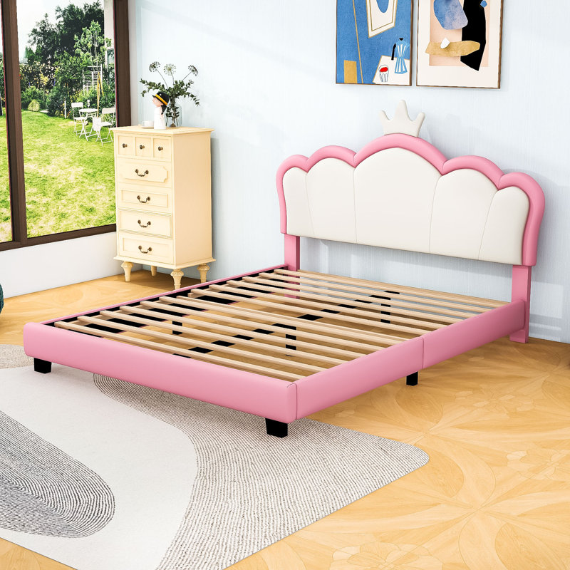 Lit plateforme tapissier avec tête de lit en forme de couronne, Double