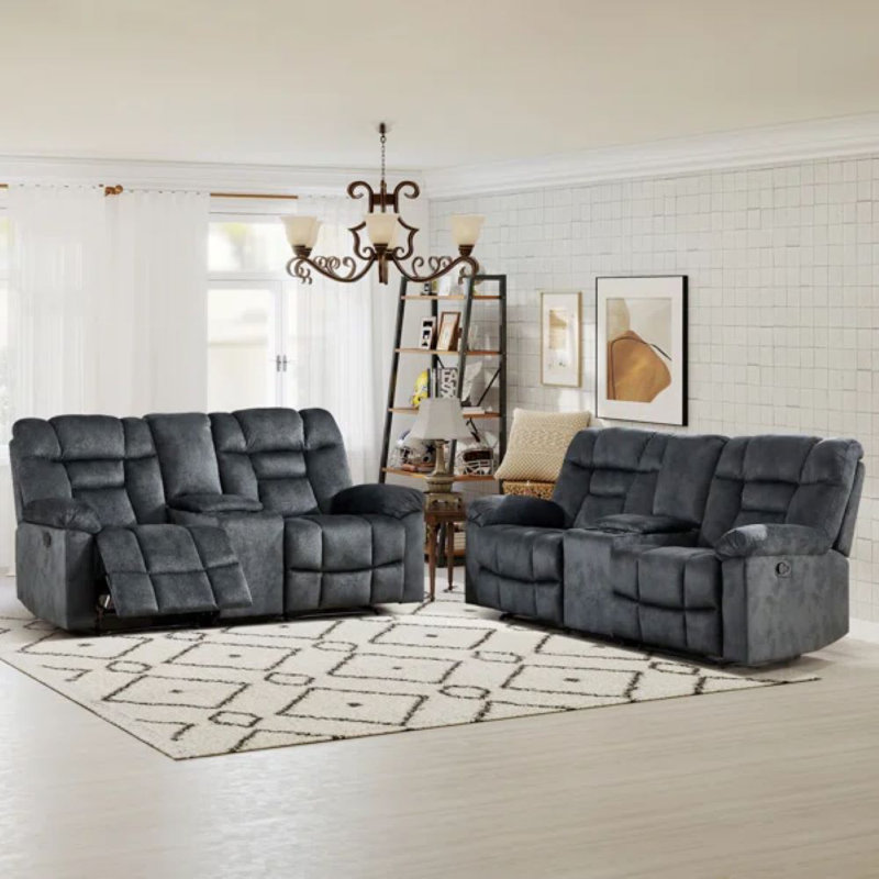 Modern Soft Microfiber Manual Reclining Loveseat Sofa With Center Console & Cup Holders (Set Of 2), Greenish Gray