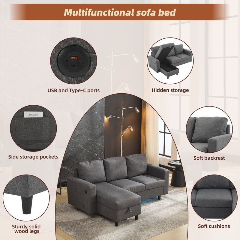 Celis 3 Seater Sofa & Chaise, Grey Linen