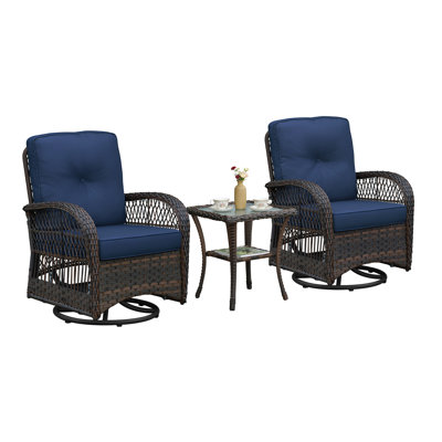 Ensemble de conversation 3 pièces, ensemble bistro de patio pivotant en osier, chaise berçante avec plateau en verre, bleu marine