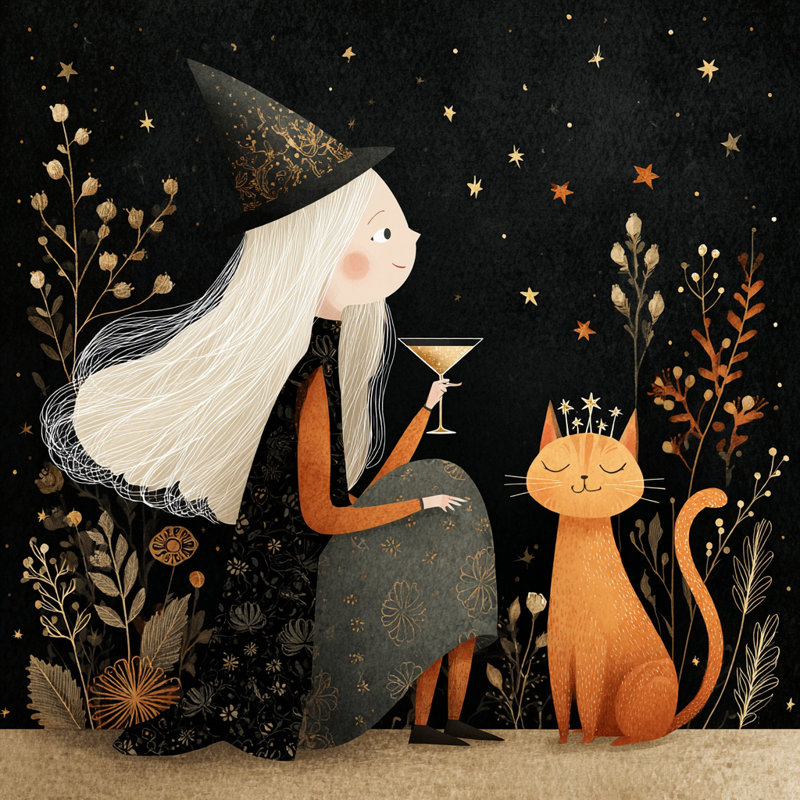 Art mural sur toile Starlit Witch and Cat, H 40 po x l 40 po