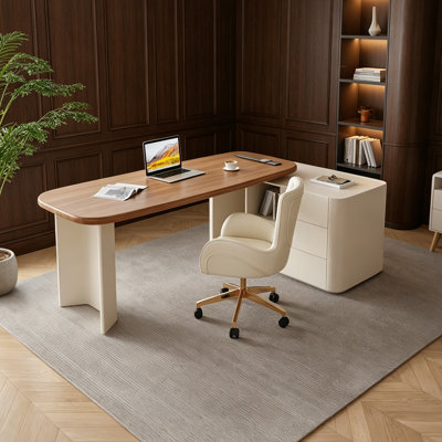 Cream Style Curved Corner Desk with Multi-Functional Power Socket, Minimalist Luxury Writing Table with Storage Cabinet