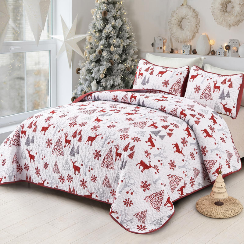 Ensemble de couvre-lit 3 pièces avec motif de rennes et sapin de Noël, Très grand lit