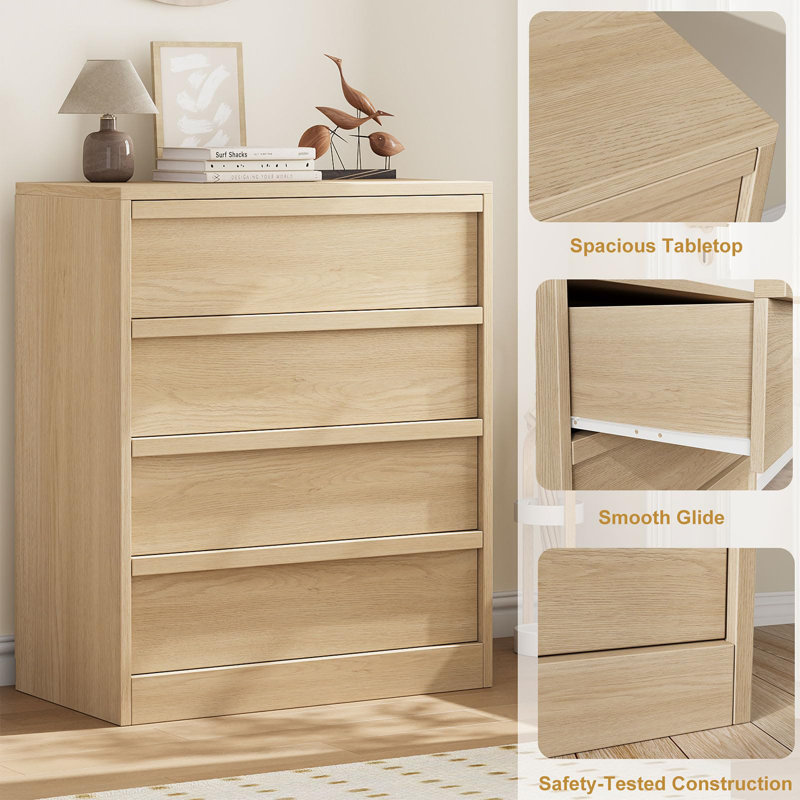4 Drawer Tall Dresser Nightstand, Modern Small Chest with Storage for Bedroom, Nursery or Entryway, Natural