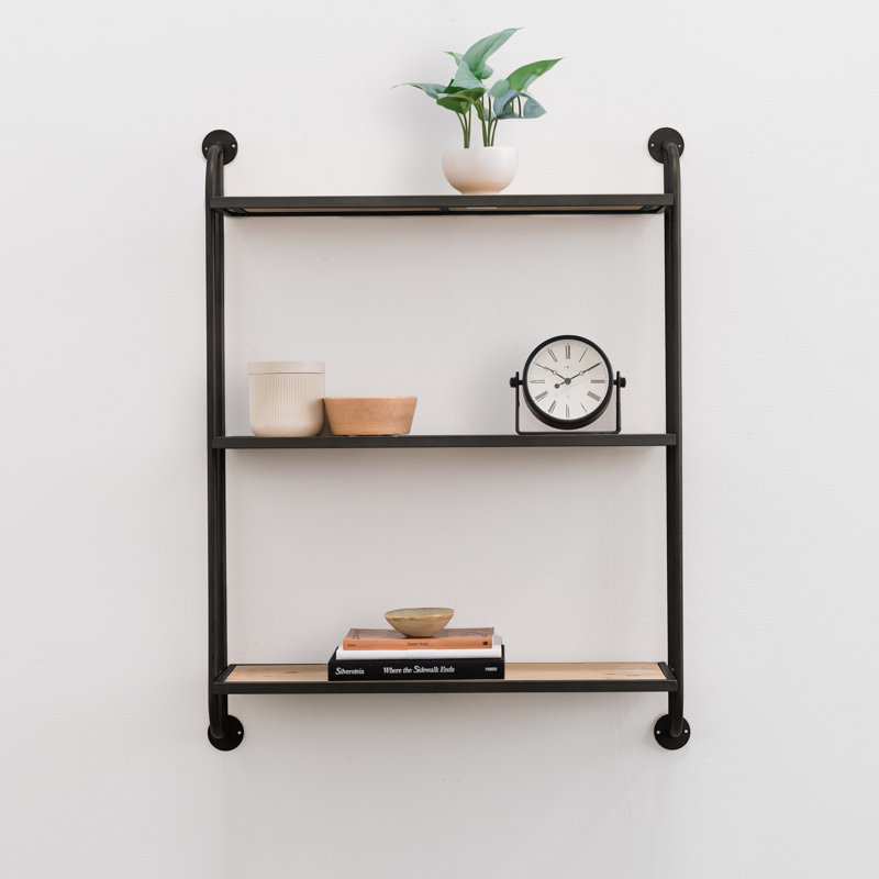 Emery Wood & Metal 3 Tier Wall Shelf, Black, 34" H x 26" W x 8" D