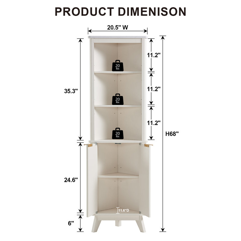 Grande armoire de coin autoportante, armoire de rangement d'angle pour salle de bain réglable, armoire de présentation