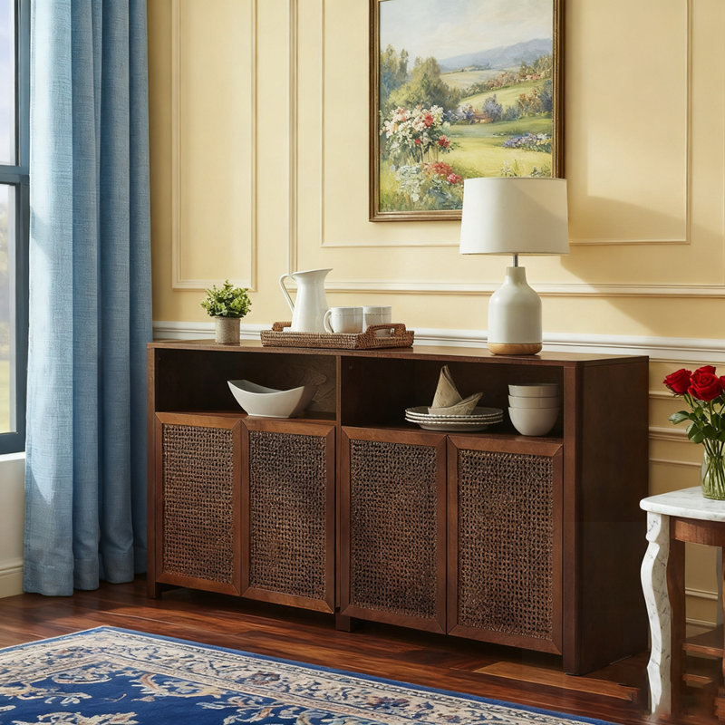 Mid Century Modern Rattan Sideboard Buffet Cabinet With Spacious Storage For Living Room, Entryway, And Kitchen Decor.