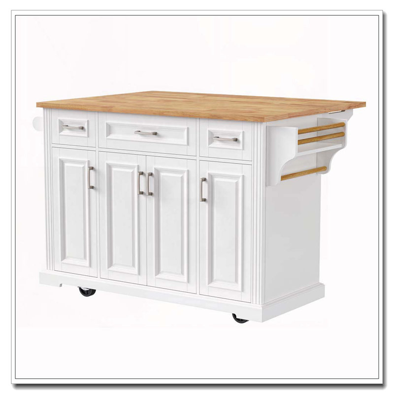 54inch Large Kitchen Island with Rubber Wood Drop Leaf, Embossed Texture Rolling Kitchen Cart on 4 Wheels with 4 Doors and 3 Drawers
