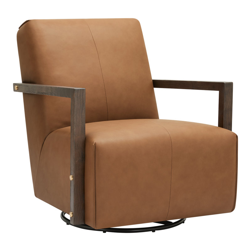 Ricki Wood Arm Swivel Accent Chair, Aline Butternut Genuine Leather