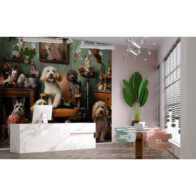 Funny Dog Grooming Salon Scene Wallpaper For Pet Lovers – Whimsical Dogs In Retro Barber Chair – Vintage Style Dog Haircut Wall Mural For Groomers Or Pet Shops