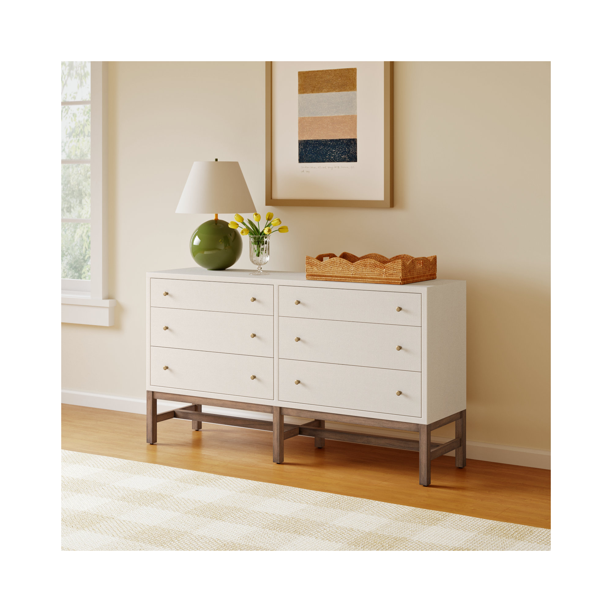 Hakana 6 Drawer Raffia Dresser, Ivory Painted Raffia