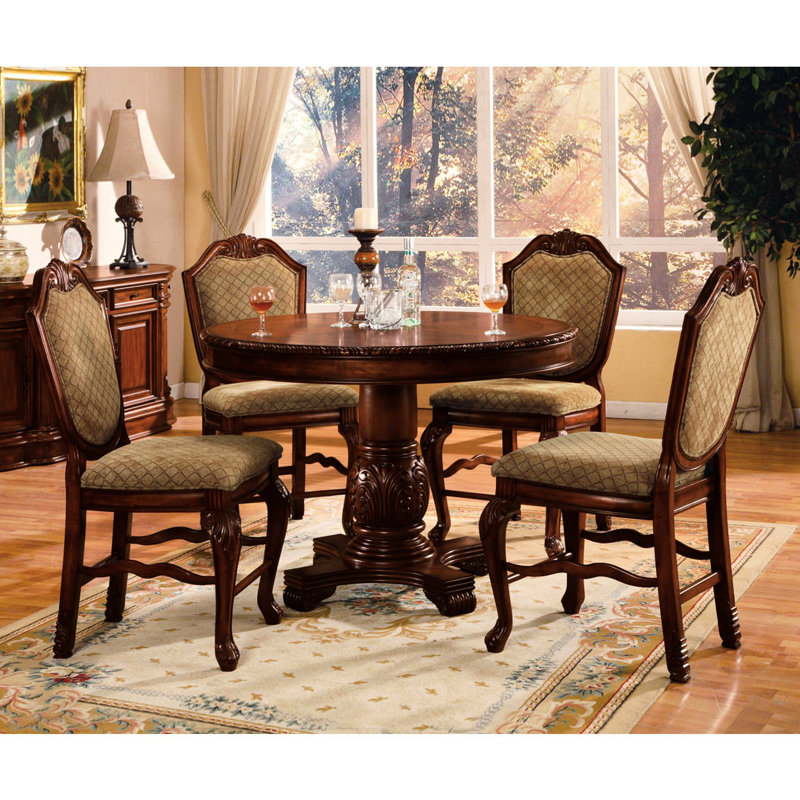 Classic Elegance Counter Height Chairs ( Of Two) - Beige Fabric, Cherry Wood, Elegant Touch Traditional Stools 2 Design