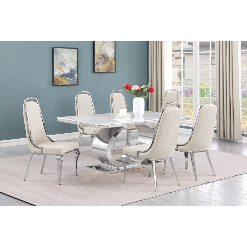 Ensemble de salle à manger rectangulaire 39 po de large Khiri, 7, Crème / argenté, Argenté