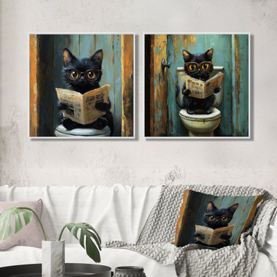 Mignon journal prêt pour chat sur la toilette I - Art mural pour chat - art mural moderne pour le salon 2 pièces