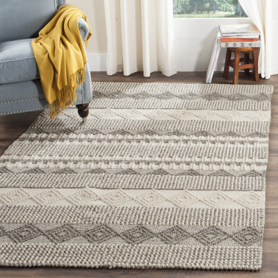 Tapis gris / ivoire en laine / coton tissé à la main à rayures Jacques