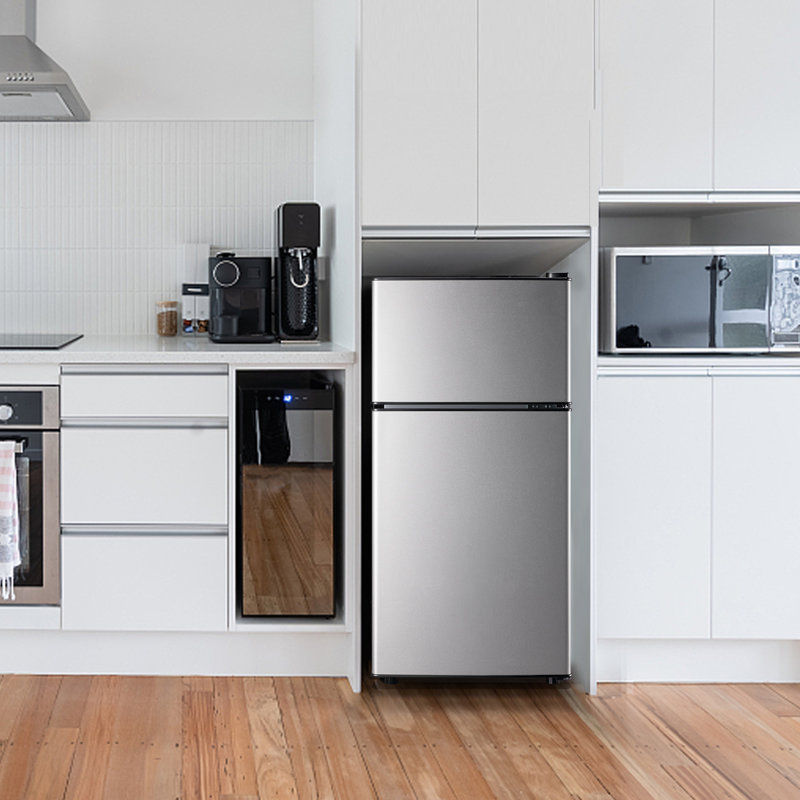 Compact Silver Dual Door Mini Fridge with Top Freezer