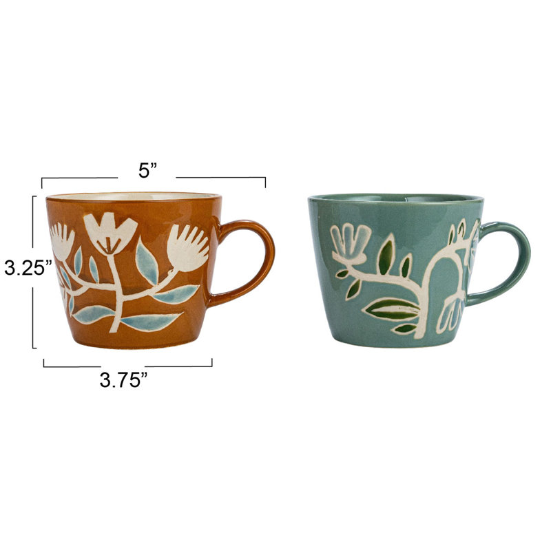Hand-Painted Botanical Ceramic Mugs in Orange and Green, Set of 2
