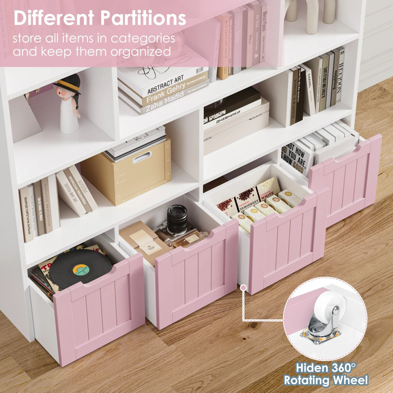 49.4" 5-Tier Cube Storage Bookcase With 4 Drawers,Standard Bookcase With Open Bookshelves, Pink