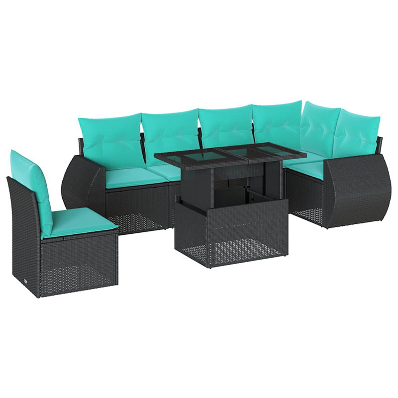 Ensemble de canapé de patio 7 pièces avec coussins en rotin de polyester, Bleu clair, Noir