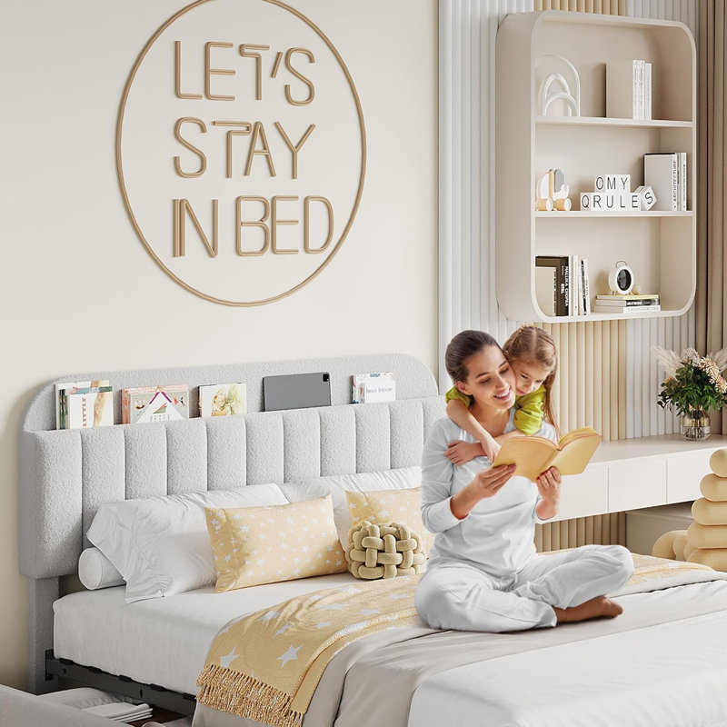 Full Size Bed Frame with Storage Headboard and 2 Drawers Kids Upholstered Platform Bed with Bookcase Sturdy Wooden Slats Support No Box Spring Needed Noise Free